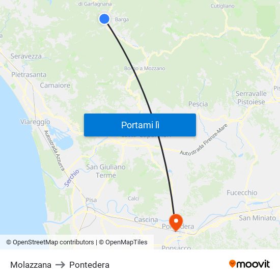 Molazzana to Pontedera map