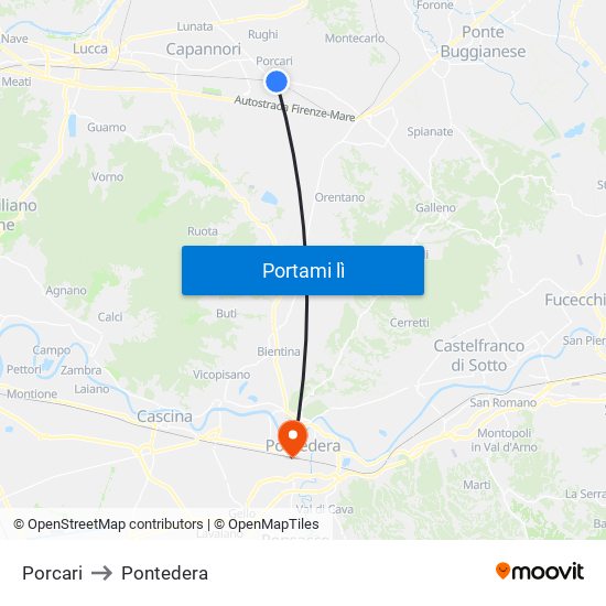 Porcari to Pontedera map