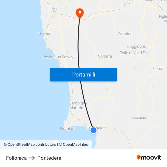 Follonica to Pontedera map