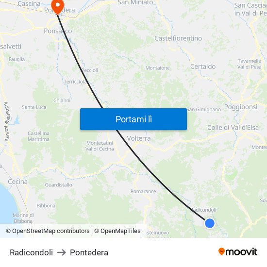 Radicondoli to Pontedera map