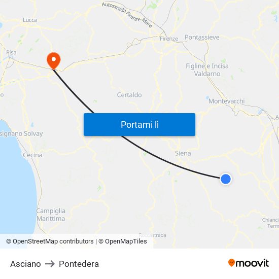 Asciano to Pontedera map