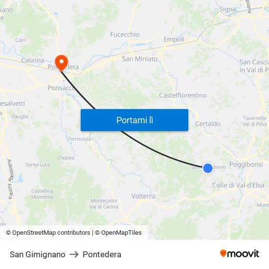 San Gimignano to Pontedera map