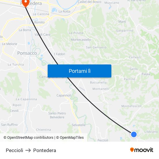 Peccioli to Pontedera map