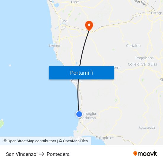 San Vincenzo to Pontedera map