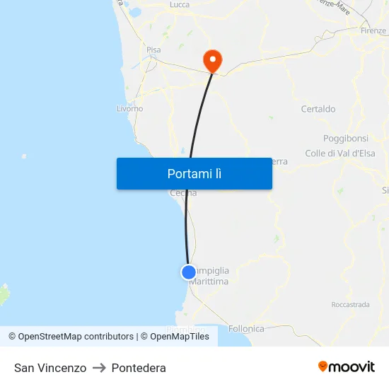 San Vincenzo to Pontedera map