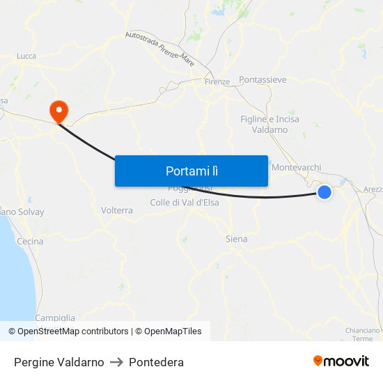 Pergine Valdarno to Pontedera map