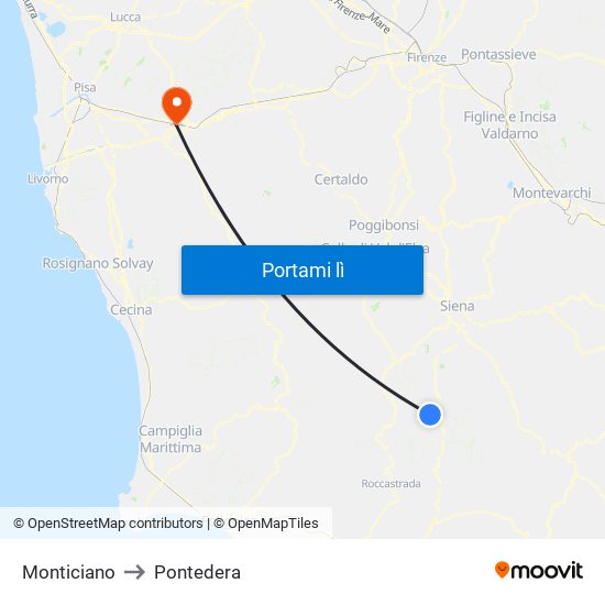 Monticiano to Pontedera map