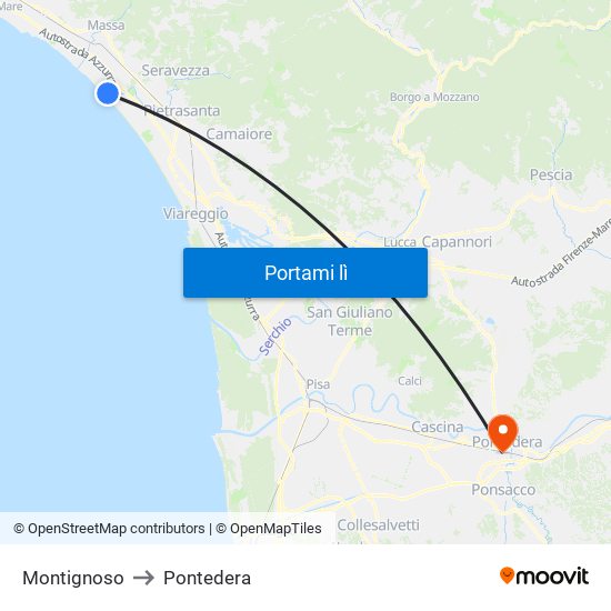 Montignoso to Pontedera map