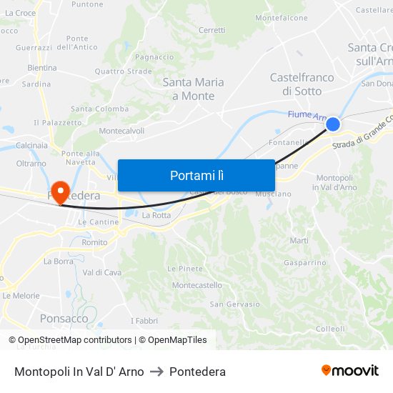 Montopoli In Val D' Arno to Pontedera map