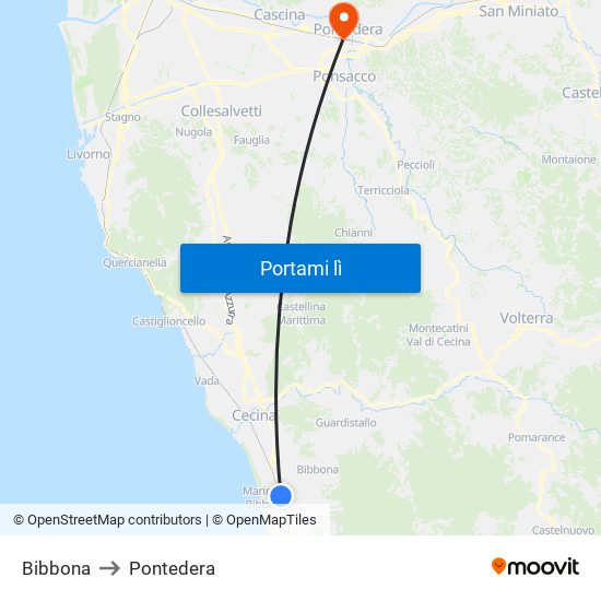 Bibbona to Pontedera map