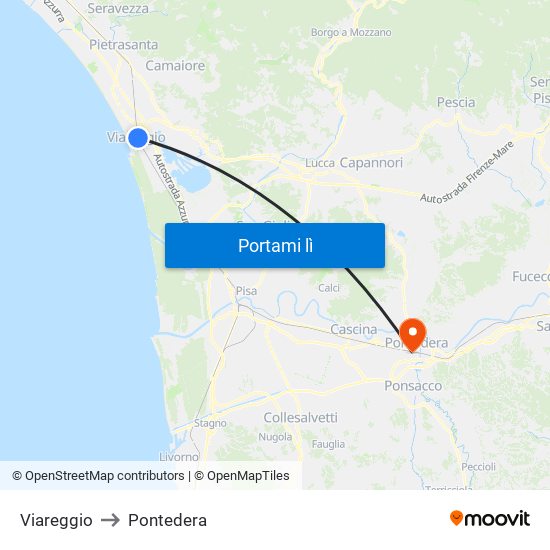 Viareggio to Pontedera map