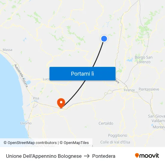 Unione Dell'Appennino Bolognese to Pontedera map