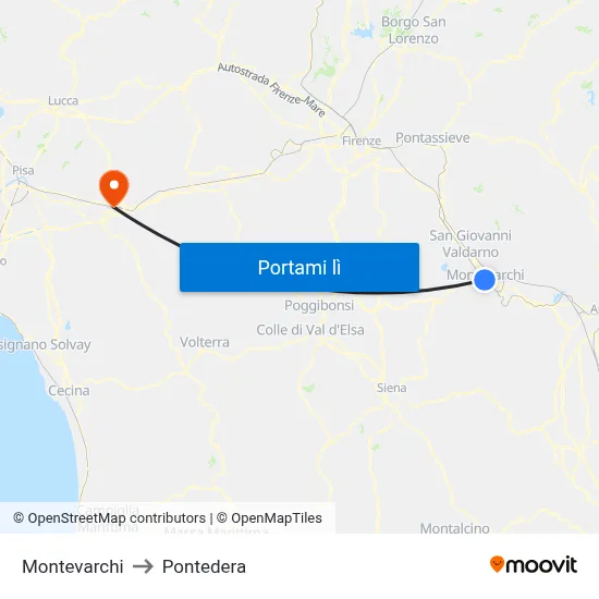Montevarchi to Pontedera map