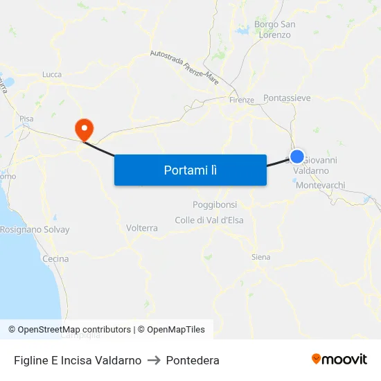 Figline E Incisa Valdarno to Pontedera map