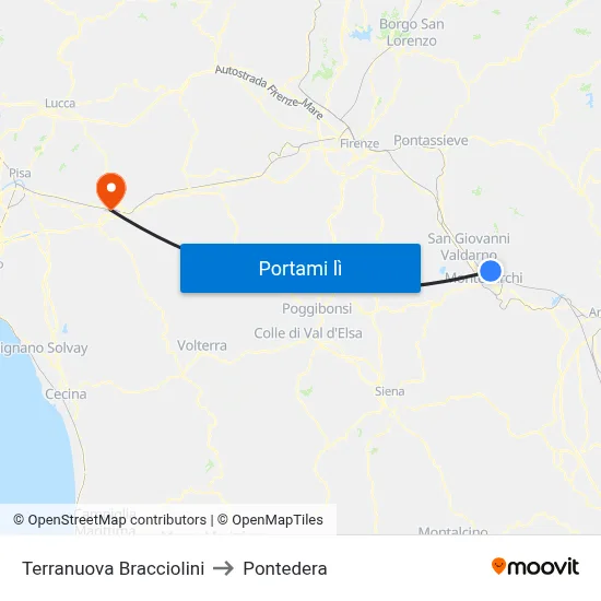 Terranuova Bracciolini to Pontedera map
