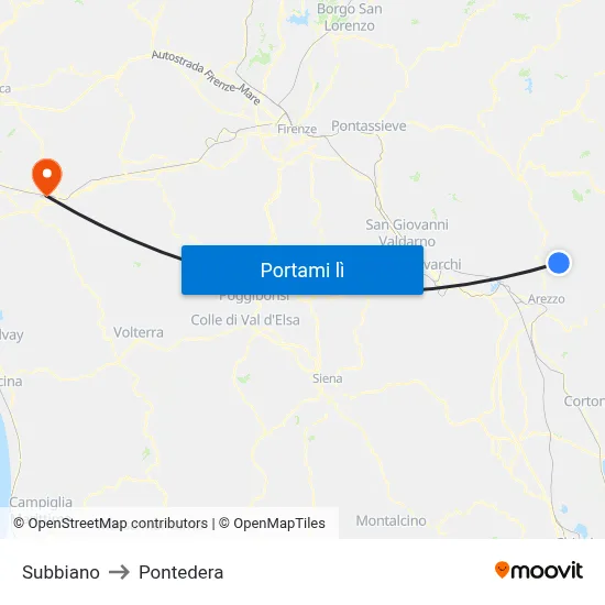 Subbiano to Pontedera map