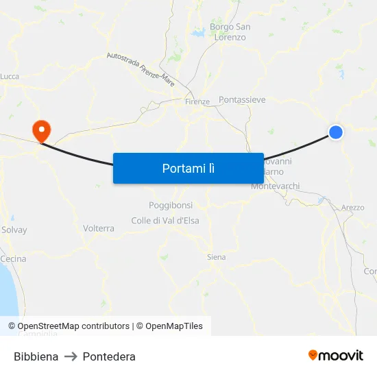 Bibbiena to Pontedera map