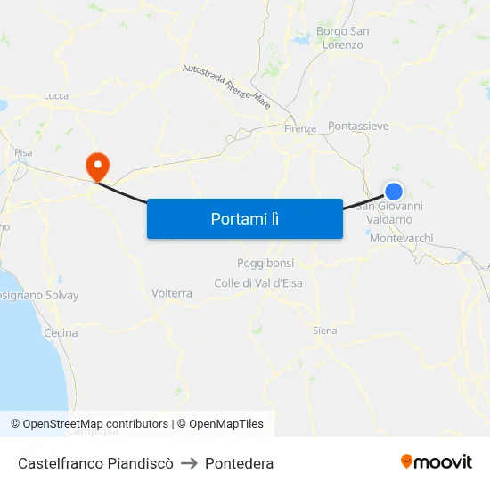 Castelfranco Piandiscò to Pontedera map