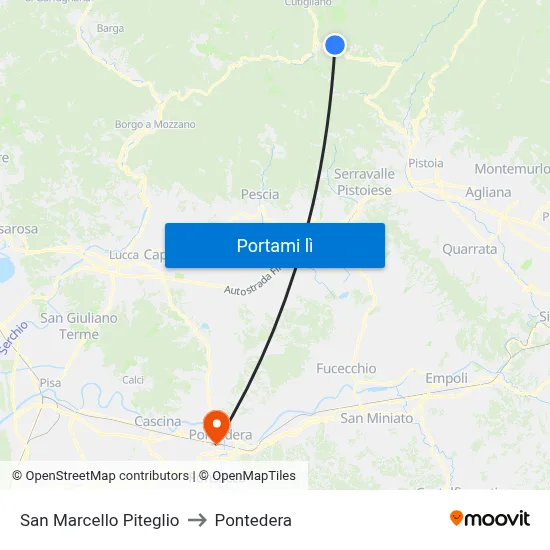 San Marcello Piteglio to Pontedera map