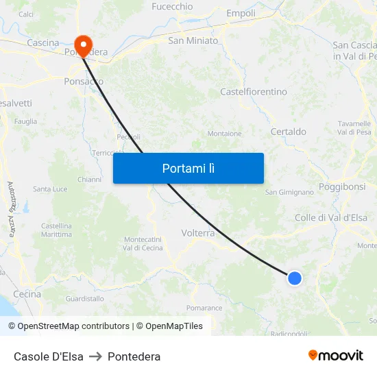 Casole D'Elsa to Pontedera map
