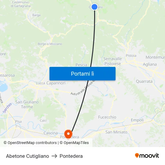 Abetone Cutigliano to Pontedera map