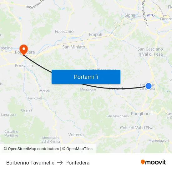 Barberino Tavarnelle to Pontedera map
