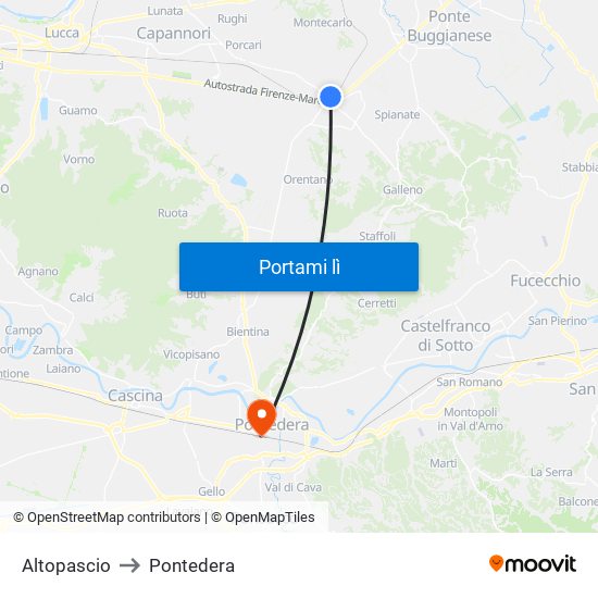 Altopascio to Pontedera map