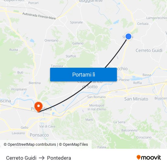 Cerreto Guidi to Pontedera map