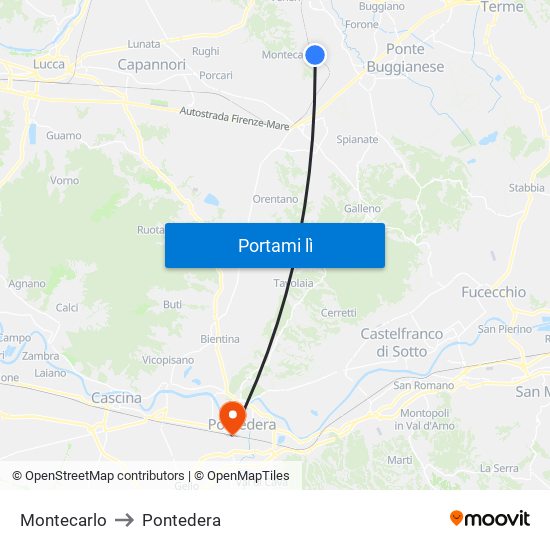 Montecarlo to Pontedera map