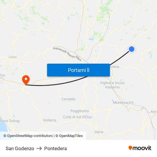 San Godenzo to Pontedera map