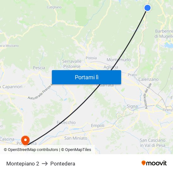 Montepiano 2 to Pontedera map