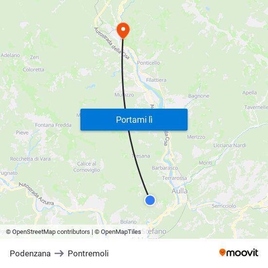 Podenzana to Pontremoli map