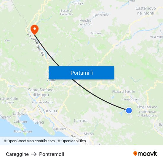 Careggine to Pontremoli map