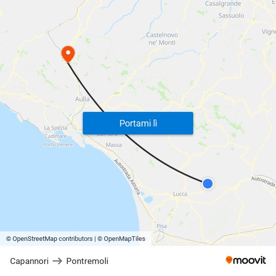 Capannori to Pontremoli map