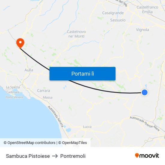 Sambuca Pistoiese to Pontremoli map