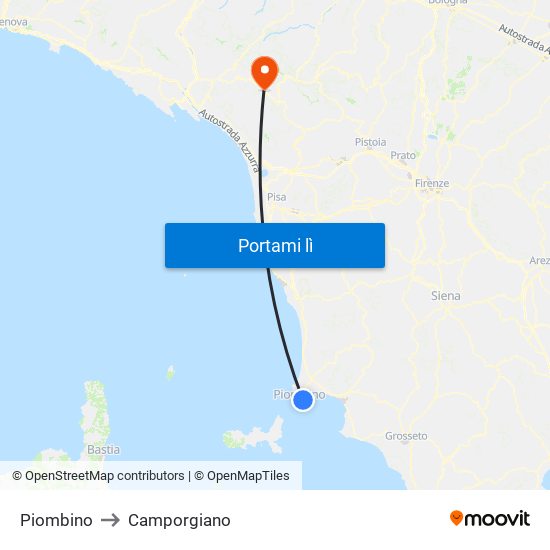 Piombino to Camporgiano map