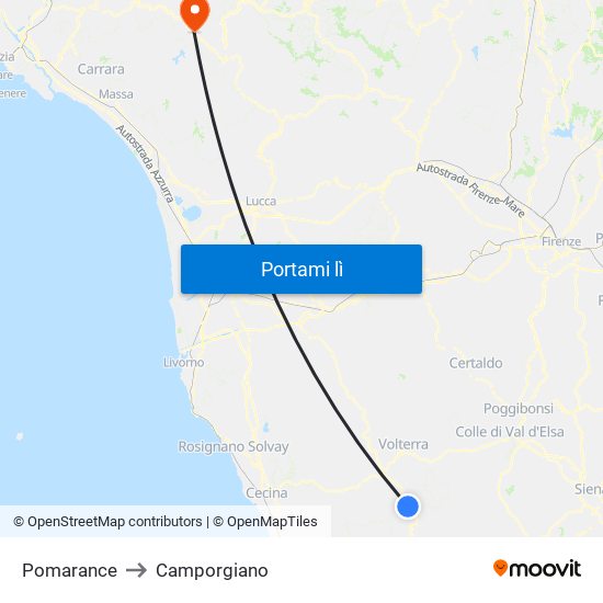 Pomarance to Camporgiano map