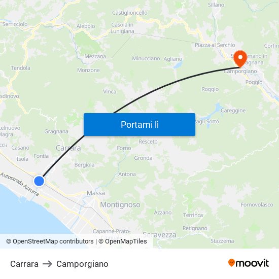 Carrara to Camporgiano map