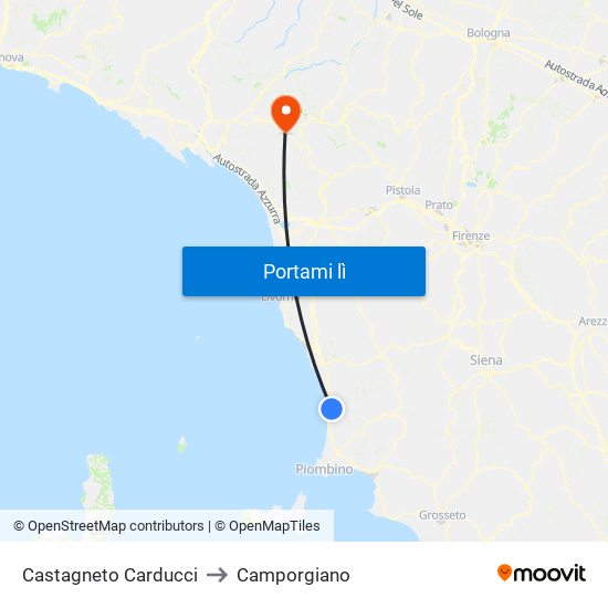 Castagneto Carducci to Camporgiano map