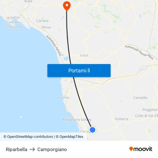 Riparbella to Camporgiano map