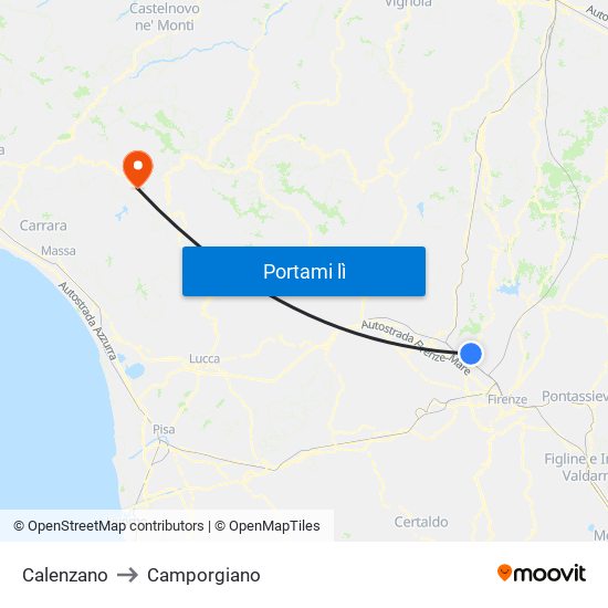 Calenzano to Camporgiano map