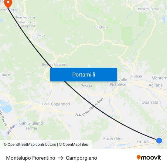 Montelupo Fiorentino to Camporgiano map