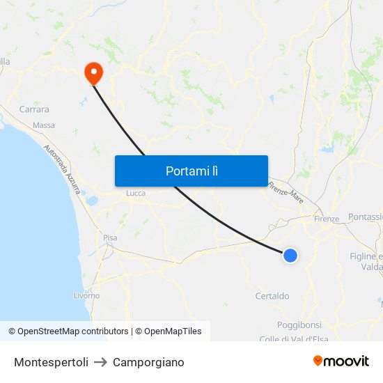 Montespertoli to Camporgiano map