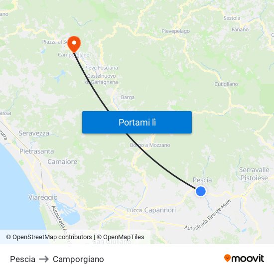 Pescia to Camporgiano map