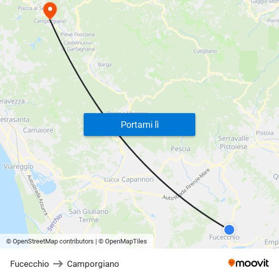 Fucecchio to Camporgiano map