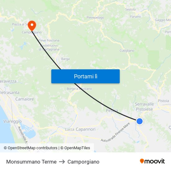 Monsummano Terme to Camporgiano map