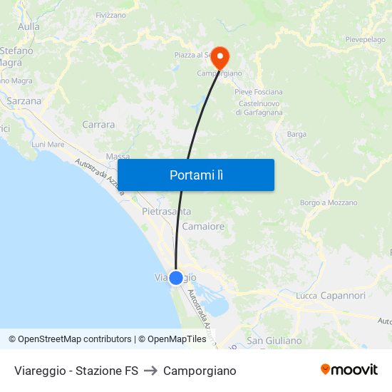 Viareggio Stazione FS to Camporgiano map
