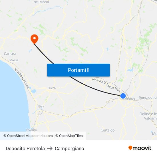 Deposito Peretola to Camporgiano map