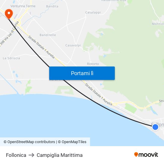 Follonica to Campiglia Marittima map
