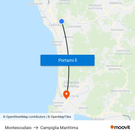Montescudaio to Campiglia Marittima map